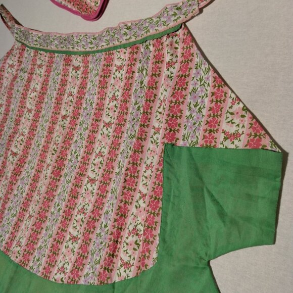 Vintage Homemade Kitchen Half Apron And Oven Mitt Pink Green Floral - Picture 9 of 15